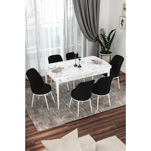 Canisa Kor Serisi, Beyaz Mermer Desen 70x114 Açılabilir Yemek Masa Takımı,6 Siyah Sandalye Masa Beyaz Mermer Desenli Sandalyeler Siyah