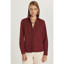 Tudors Kadın Slim Fit Dar Kesim Uzun Kollu Pamuklu Vücuda Oturan Dokulu Bordo Basic Gömlek-42050