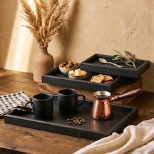 Porsima 1301050046 Ahşap Tepsi 3lü Set Çay Kahve Bambu Sunumu Tepsi Seti Siyah Siyah