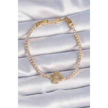 Pirinç Gold Renk Zirkon Taşlı Yonca Model Kadın Bileklik Çok Renkli