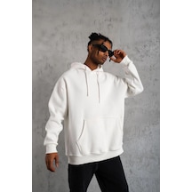 Erkek 3 İplik Pamuklu Kapüşonlu Kanguru Cepli Sweatshirt Hoodie - Beyaz