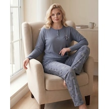 Eyfuze Kadın Kışlık Büyük Beden Curve Nakışlı Desenli Yakası Düğmeli Uzun Kollu Pijama Takımı Antrasit - Gri