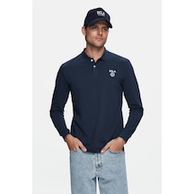 Ucla Maxwell Lacivert Polo Yaka Baskılı Standard Fit Erkek Sweatshirt Lacivert