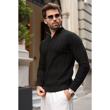 Madmext Siyah Slim Fit Hakim Yaka Fermuarlı Erkek Triko Kazak E7518