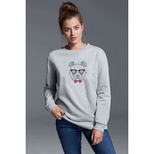 Payonlu Gözlüklü Ayı Baskılı Gri Kadın Sweatshirt