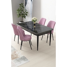 Canisa Nil Serisi 70x110 Sabit Mutfak Masası Takımı Siyah Mermer Desen Masa 4 Pembe Sandalye Masa Siyah Mermer Desen Sandalye Pembe