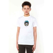 Skull With Blue Helmet Baskılı Unisex Çocuk Beyaz T-Shirt