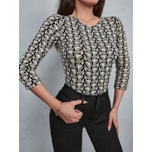 Kadın Baskılı Bisiklet Yaka Bluz Siyah