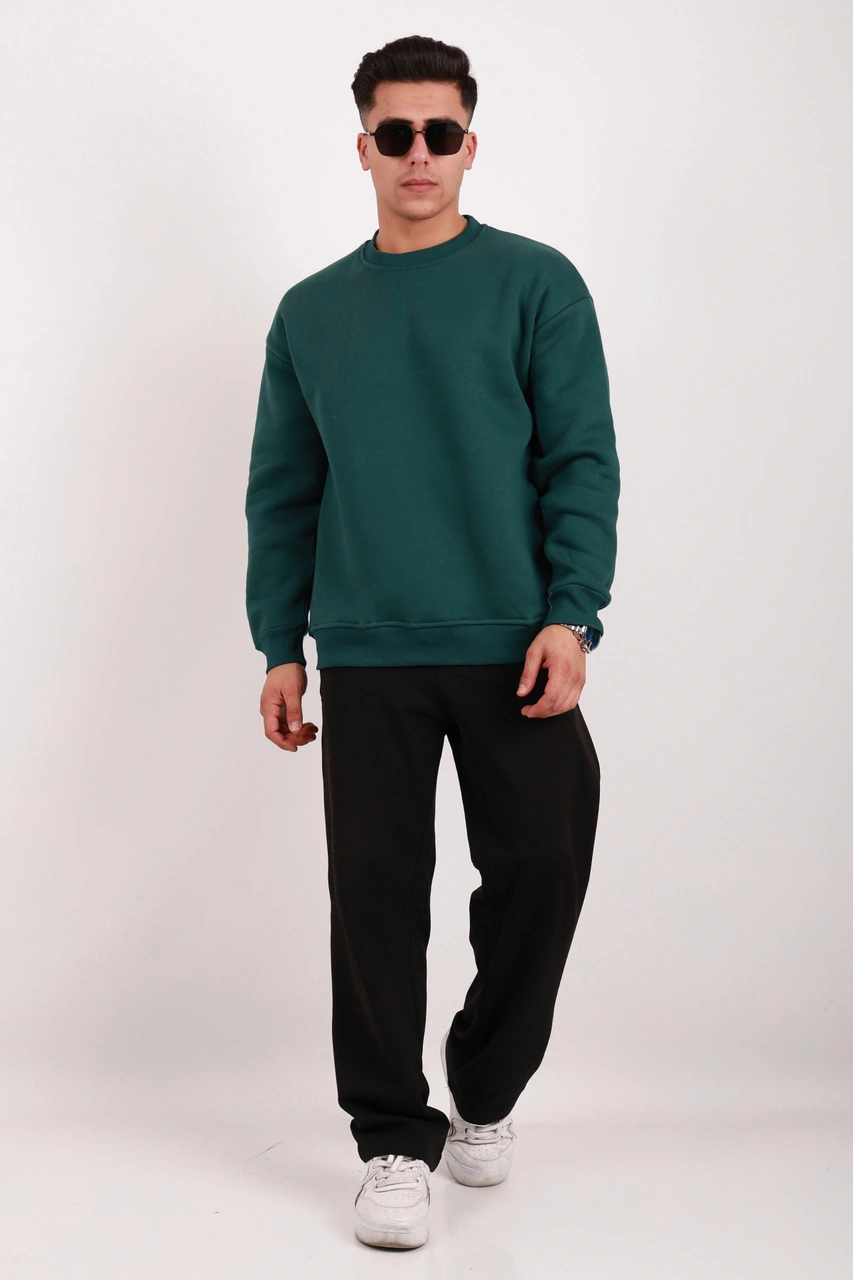 Erkek Standart Fit Bol Kesim %100 Pamuklu Içi Şardonlu 3 Iplik Bisiklet Yaka Sweatshirt Nefti