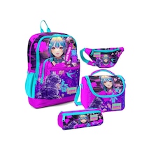 Coral High Kız Çocuk Mor Pembe Anime Kedi Desenli İlkokul Okul Çanta Seti Ve Bel Çantası