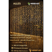 3x3 Perde Led Günışığı - 8 Fonksiyonlu Animasyon - Usb Girişli Yılbaşı Perde Işık - 300 Led Günışığı Perde Gün Işığı