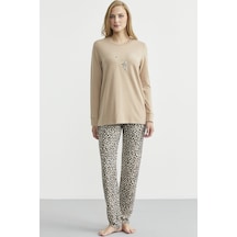Sementa Yumoş Dokulu Leopar Desenli Kışlık Pijama - Bej Bej