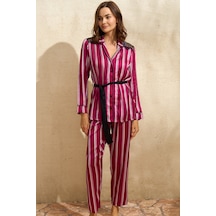 Man9765-1011 Anıl Ev Giyim Kadın Saten Çizgili Düğmeli Uzun Kol Dantelli Gömlek Ve Pantolon Pijama T Bordo