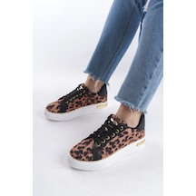 Mına Kahverengi Bağcıklı Ortopedik Taban Leopar Desenli Kadın Sneaker Spor Ayakkabı Kahverengi