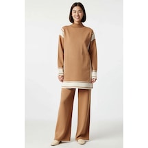 Benerly Kadın Büyük Beden Oversize Triko Tunik Pantolon Takımı Renk Blokl Camel