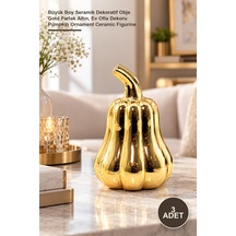 3 Adet Uzun Saplı Balkabağı Tasarımlı Biblo Büyük Boy Seramik Dekoratif Obje Gold Parlak Altın, Ev Ofis Dekoru Pumpkin Ornament Ceramic Figurine