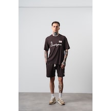 Erkek Countryman Nakışlı Regular Fit T-shirt Şort Takım Kahve Kahverengi