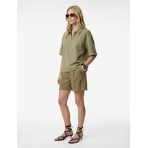 Koton Cupro Kumaş Gömlek Yaka Yarım Fermuarlı Kısa Kollu Oversize Bluz Haki 6sak60053pw