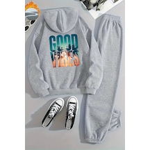 Unisex Good Vbs Arka Baskılı Kapüşonlu Gri Eşofman Takımı - Kışlık Şardonlu Kumaş Gri