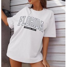 Kadın Kısa Kol Yazlık Tişört Bisiklet Yaka Florıda Baskılı T-shirt - Beyaz