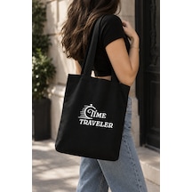 Lunora Collection Time Traveler Baskılı Körüklü Kanvas Bez Çanta Siyah