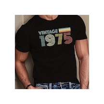 Caddemia Yaz  Moda Rahat Gevşek Vintage 1975 Mektup Baskılı Spor Yuvarlak Boyun Siyah 2XL