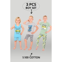 Vitmo Erkek Çocuk 3'lü %100 Pamuklu 1-2-3 Yaş Pijama Takımı Model:114 Çok Renkli