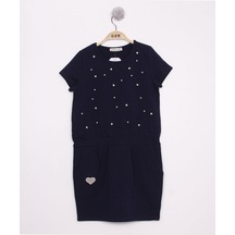 Kız Çocuk Pileli İncili Elbise Lacivert