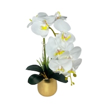 Yapay Çiçek Beyaz Islak Orkide Gold Metal Saksıda Seramik Saksıda Orkide 60cm