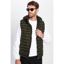 Erkek Slim Fit Dar Kesim Astarlı Rüzgar Geçirmez Cepli Haki Çıkarılabilir Kapüşonlu Şişme Yelek-32083 Haki