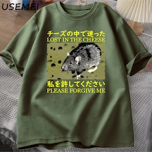 Flood Of Style Japon Tarzı Kayıp Peynir Sıçan T-shirt Erkekler Pamuk Kısa Kollu T Adam Giysileri T-sh Yeşil