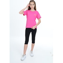 Toontoy Kids Toontoy Kız Çocuk 2'li Takım Baskılı Bisiklet Yaka T-shirt & Basic Düz Crop Tayt Fuşya