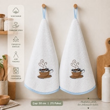 %100 Pamuk Yuvarlak Mutfak Havlusu 50 Cm 2 Li Set Yüksek Emicilik, Askı Halkalı, Nakışlı Şık Tasarım, Makinede Yıkanabilir Kurulama Bezi Beyaz