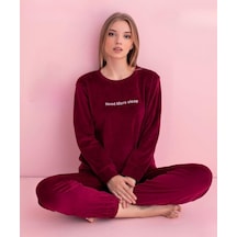 Pijamerry Kadın Kışlık Bisiklet Yaka Kadife Pijama Takımı 3044b - 1 Adet Bordo