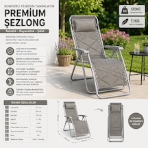 Premium Katlanır Şezlong Gri Ergonomik Bahçe, Kamp, Havuz, Balkon Ve Plaj Dinlenme Koltuğu Çelik Gövde 120 Kg Taşıma Kapasiteli