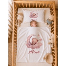 İsme Özel Kız Bebek Battaniye 80x80 Cm Ve Yastık Kılıfı 35x45 Cm %100 Pamuk Organik Baskılı Bebek Seti Bebek Hediyesi 1008yb Krem
