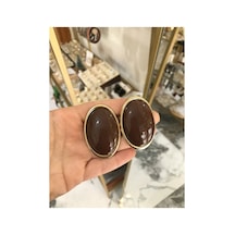 Oval Düğme Model Kahverengi Küpe