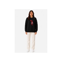 Herkesemoda Amour Baskı Detaylı Şardonlu 2 İplik Bisiklet Yaka Sweatshirt Siyah