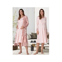Effortt Dvina Lohusa Hamile Desenli Sabahlık Ve Uzun Kollu Gecelik Takımı - 2'li Set - Pembe Pembe