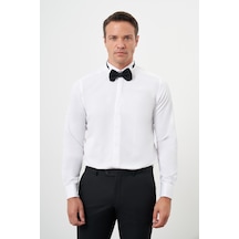 Morven Erkek Beyaz Manşetlii Jakar Desen Ata Yaka Slim Fit Gömlek Beyaz