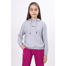 Toontoy Kız Çocuk Oversize Kapüşonlu Cepli Düşük Omuz Baskılı Sweatshirt - 2 İplik Gri