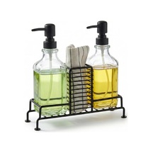 Amberhaus 2'li Standlı Kare Cam Sabunluk Seti 2 X 500 Ml Ferforje Metal Standlı Siyah Sünger/fırça Bölmeli Mutfak Ve Banyo Düzenleyici