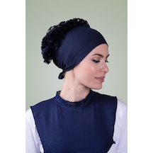 Hürrem Bone Lacivert Arkadan Bağlamalı Tesettür Bone Viskon Kumaş Fırfır Bone Lacivert