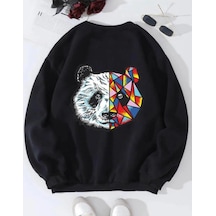 Startmore Siyah Oversize Panda Baskılı Pamuklu 0 Yaka Kapşonsuz Unisex Sweatshirt Siyah