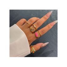 Mirra Pinko - 6 Adet Pembeli Renkli Taşlı Emaye Şık Tasarım Vintage Çoklu Altın Yüzük Seti