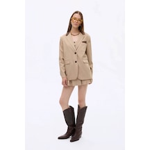 Quzu Kontrast Yaka Oversize Bej Kadın Ceket Ckt00823 Bej