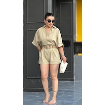 Taş Keten Kendinden Kemerli Gömlek-şort Takım Taş