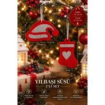 Taşlı Keçe Yılbaşı Süsü 2 Li Set Çift Taraflı Işıltılı Dekor 4 Renk Seçenekli Kırmızı