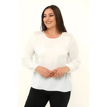 Hanezza Kadın Büyük Beden Krep Kumaş Omuz Dantel Detaylı Ekru Renk Uzun Kol Bluz Ekru - 5553106 Ekru
