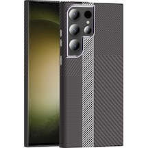 Galaxy Uyumlu S24 Ultra Kılıf M-safe Şarj Özellikli Karbon Fiber Görünümlü Gros Kapak Gri-Siyah